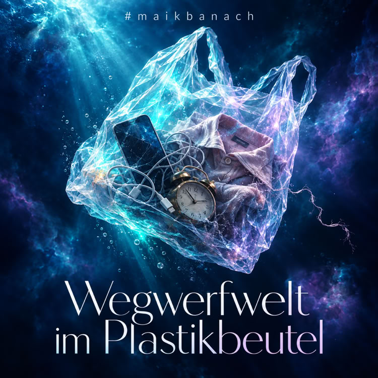 Ein Plastikbeutel im Weltraum mit einer Uhr und anderen Gegenst&auml;nden darin, umgeben von einem leuchtenden Hintergrund. Text: "Wegwerfwelt im Plastikbeutel".